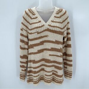 J. Jill Sweater Womens M Striped VNeck Cream Tan Pullover Long Sleeve Classic